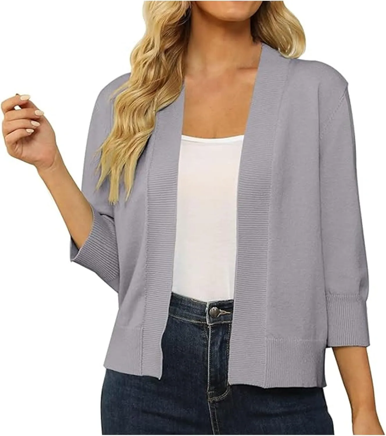 3/4 Sleeve Cardigan for Women Crochet Cropped Cardigan Cable Knit Cardigan Lightweight Casual Cardigan Solid Cardigan