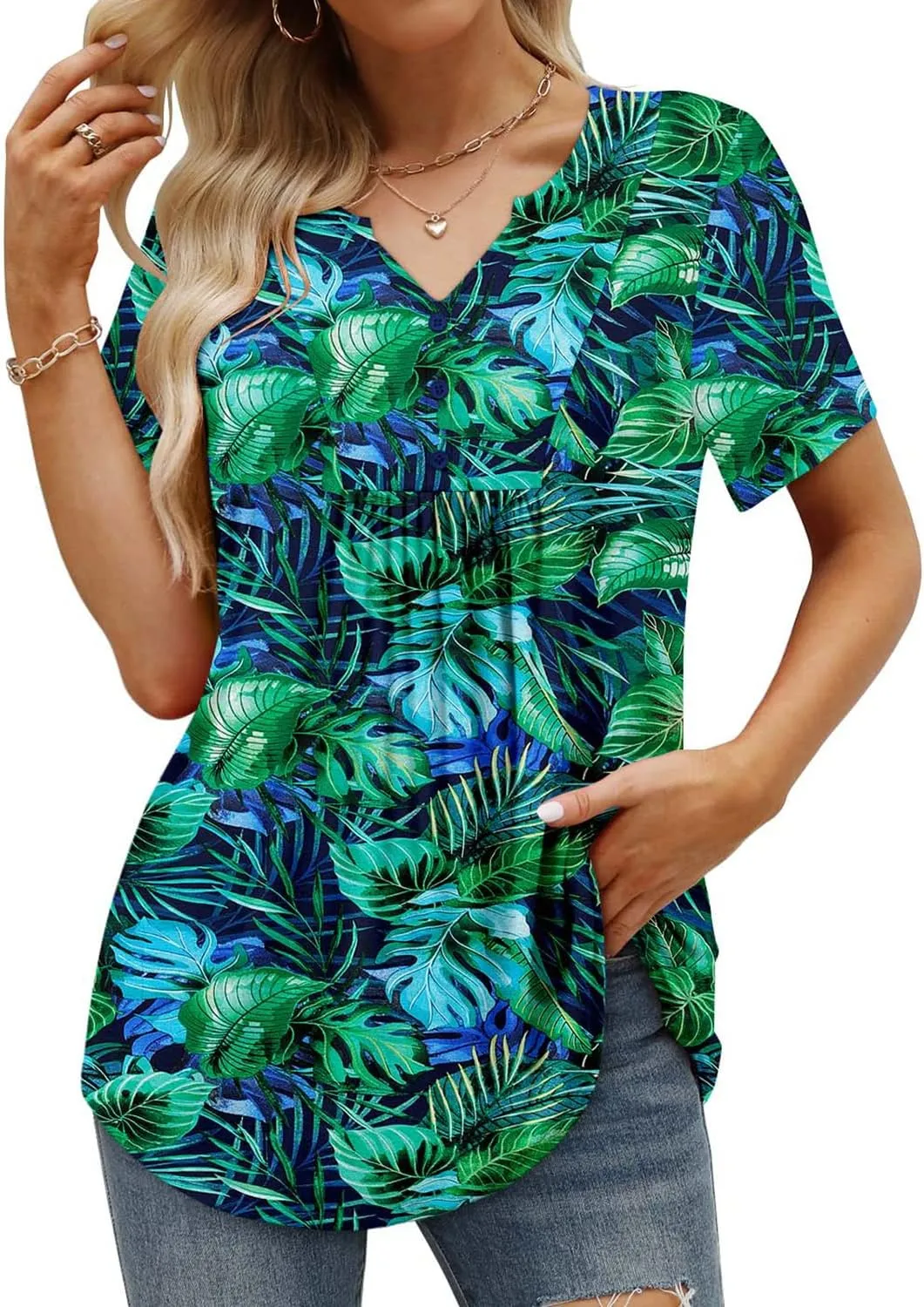 BETTE BOUTIK Womens Short Sleeve Tunics V Neck Button Down Shirts Blouse Tops Pullover S-3XL