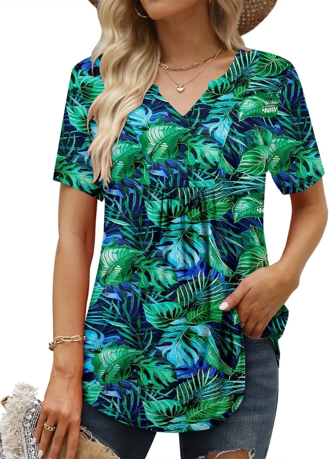 BETTE BOUTIK Womens Short Sleeve Tunics V Neck Button Down Shirts Blouse Tops Pullover S-3XL