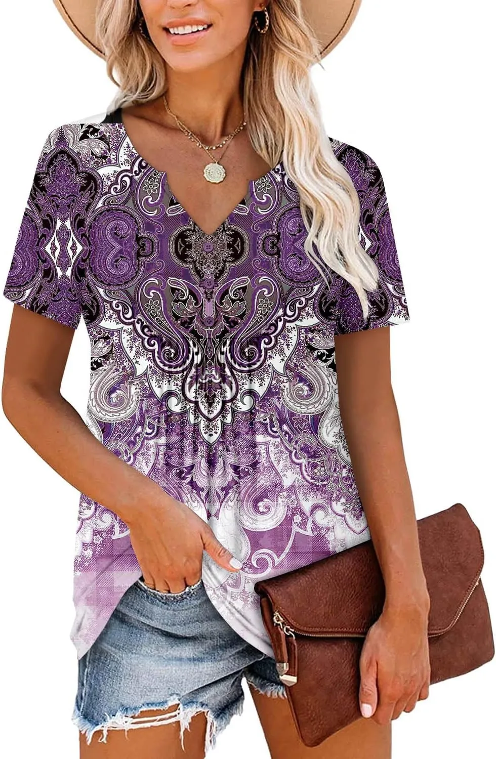 BETTE BOUTIK Womens Short Sleeve Tunics V Neck Button Down Shirts Blouse Tops Pullover S-3XL