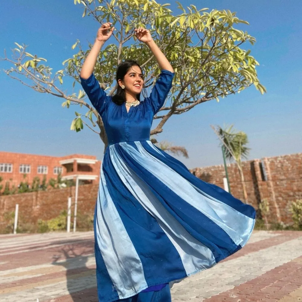 Blue Colour Blocked Kurta Set | Bemberg Modal Silk | Festive Ready