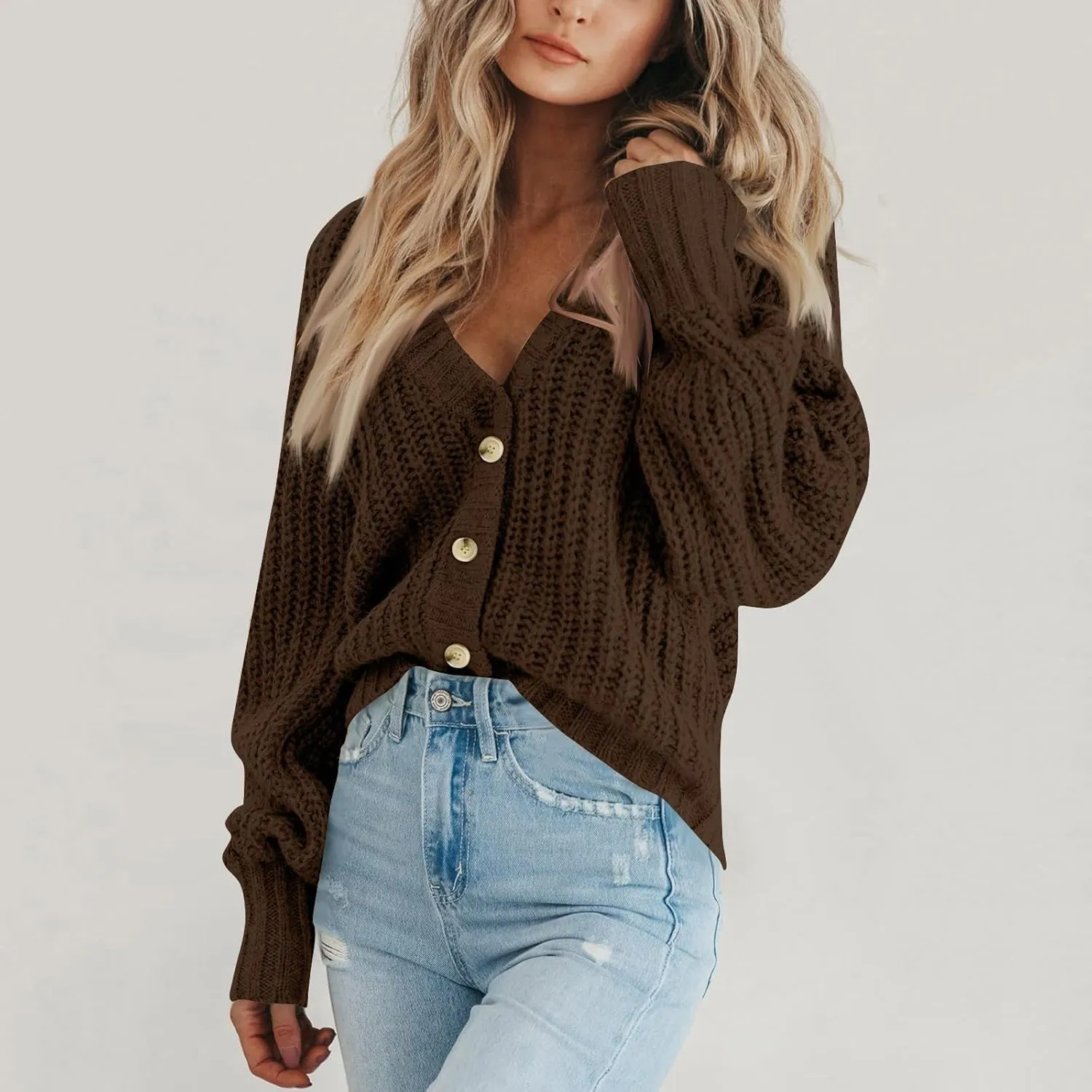 Button Up Sweaters For Woman Lightweight Cable Knit Cardigan Sweater V Neck Casual Chunky Knit Coat Fall Clothes