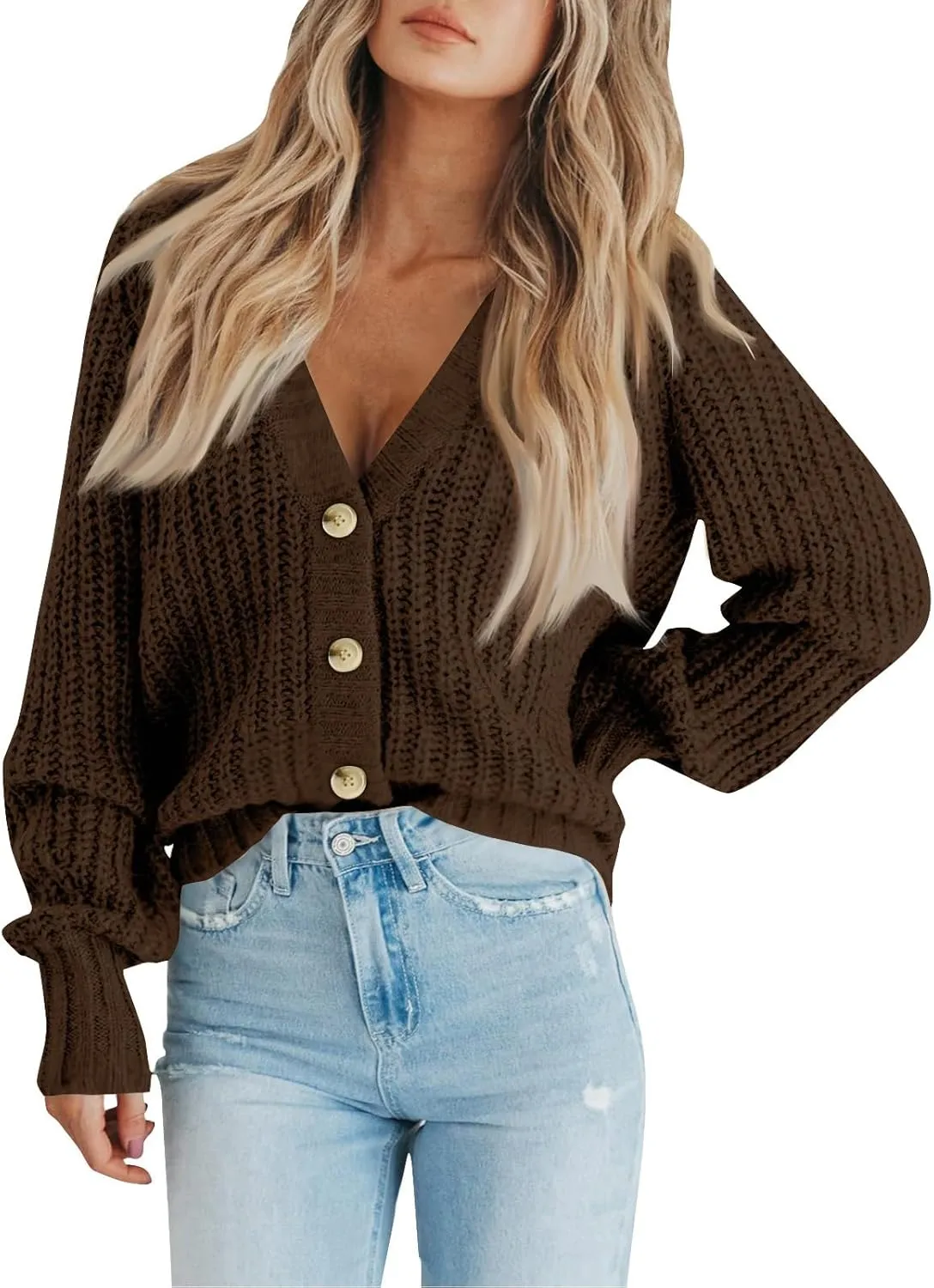 Button Up Sweaters For Woman Lightweight Cable Knit Cardigan Sweater V Neck Casual Chunky Knit Coat Fall Clothes