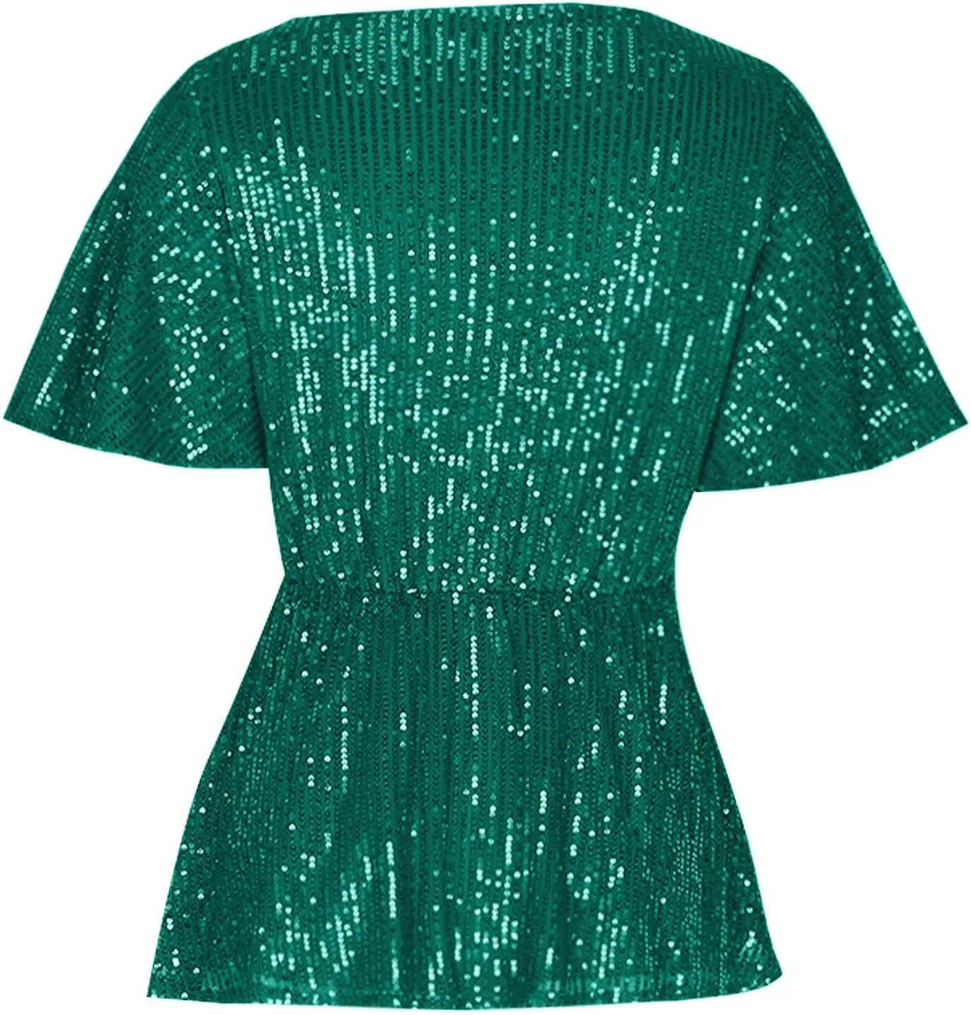DASAYO Holiday Peplum Tops for Women Trendy Tie Front Tunics Elegant Blouse Dressy Casual Sequin V-Neck Short Sleeve Shirts
