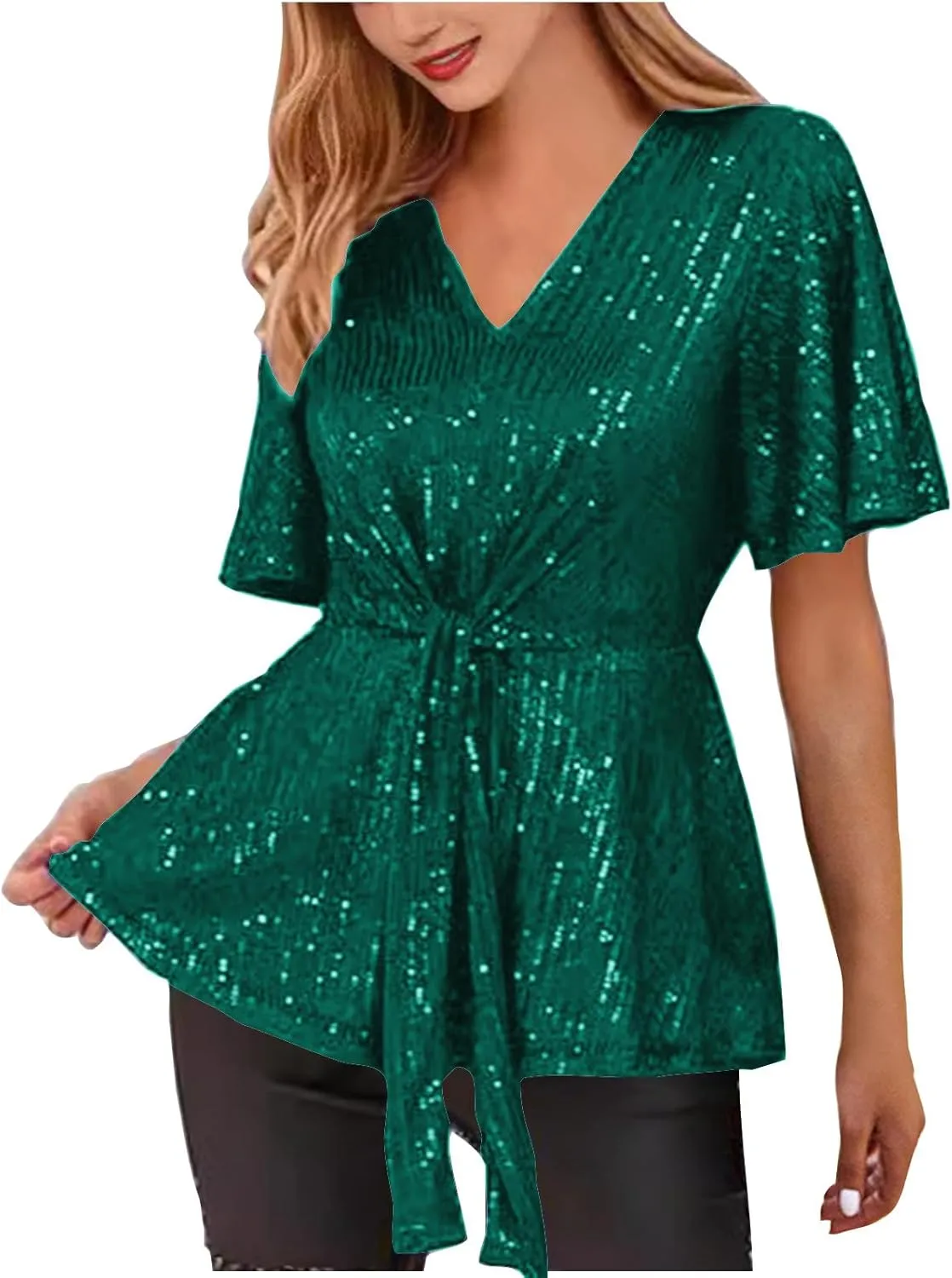DASAYO Holiday Peplum Tops for Women Trendy Tie Front Tunics Elegant Blouse Dressy Casual Sequin V-Neck Short Sleeve Shirts