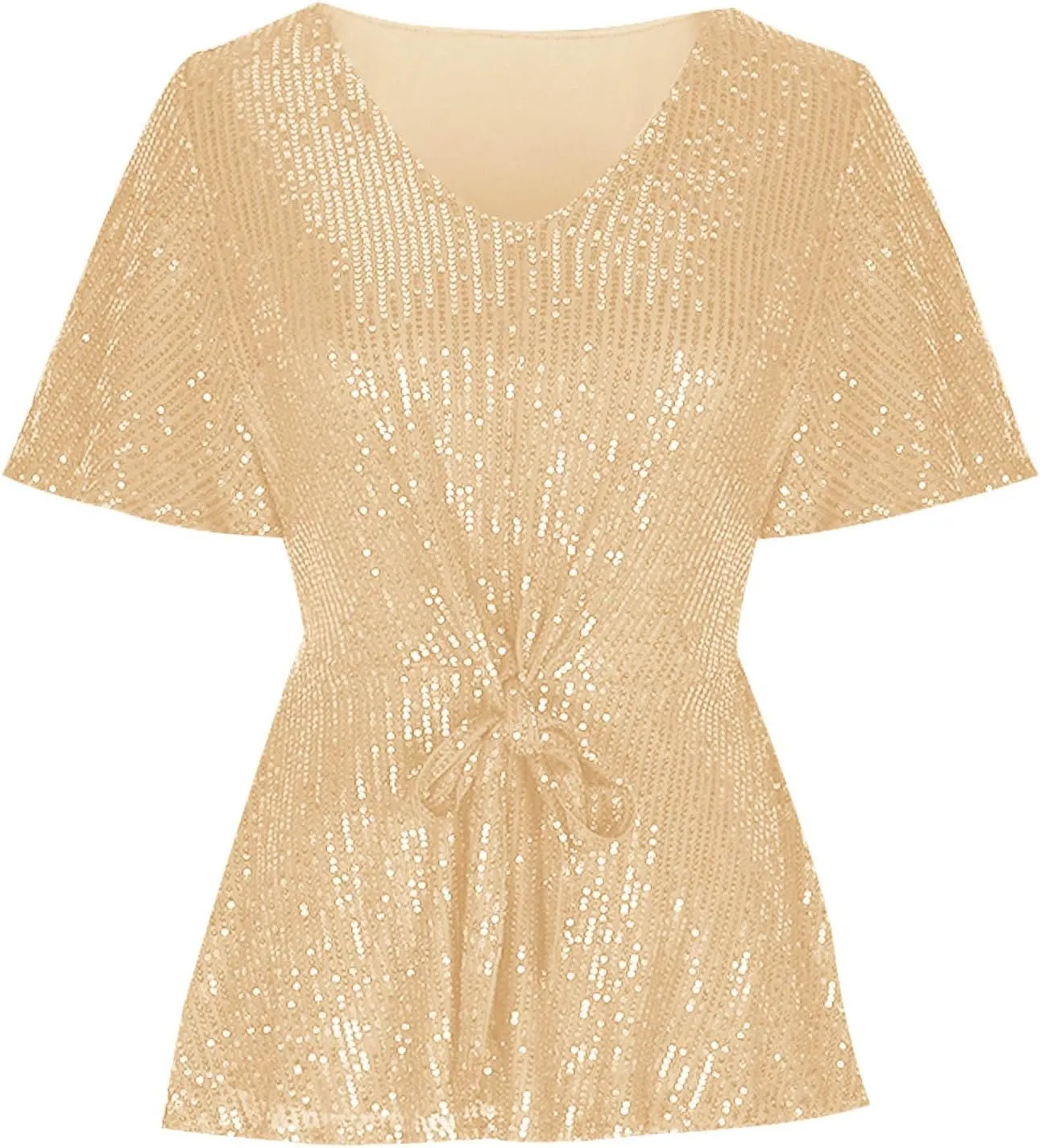 DASAYO Holiday Peplum Tops for Women Trendy Tie Front Tunics Elegant Blouse Dressy Casual Sequin V-Neck Short Sleeve Shirts