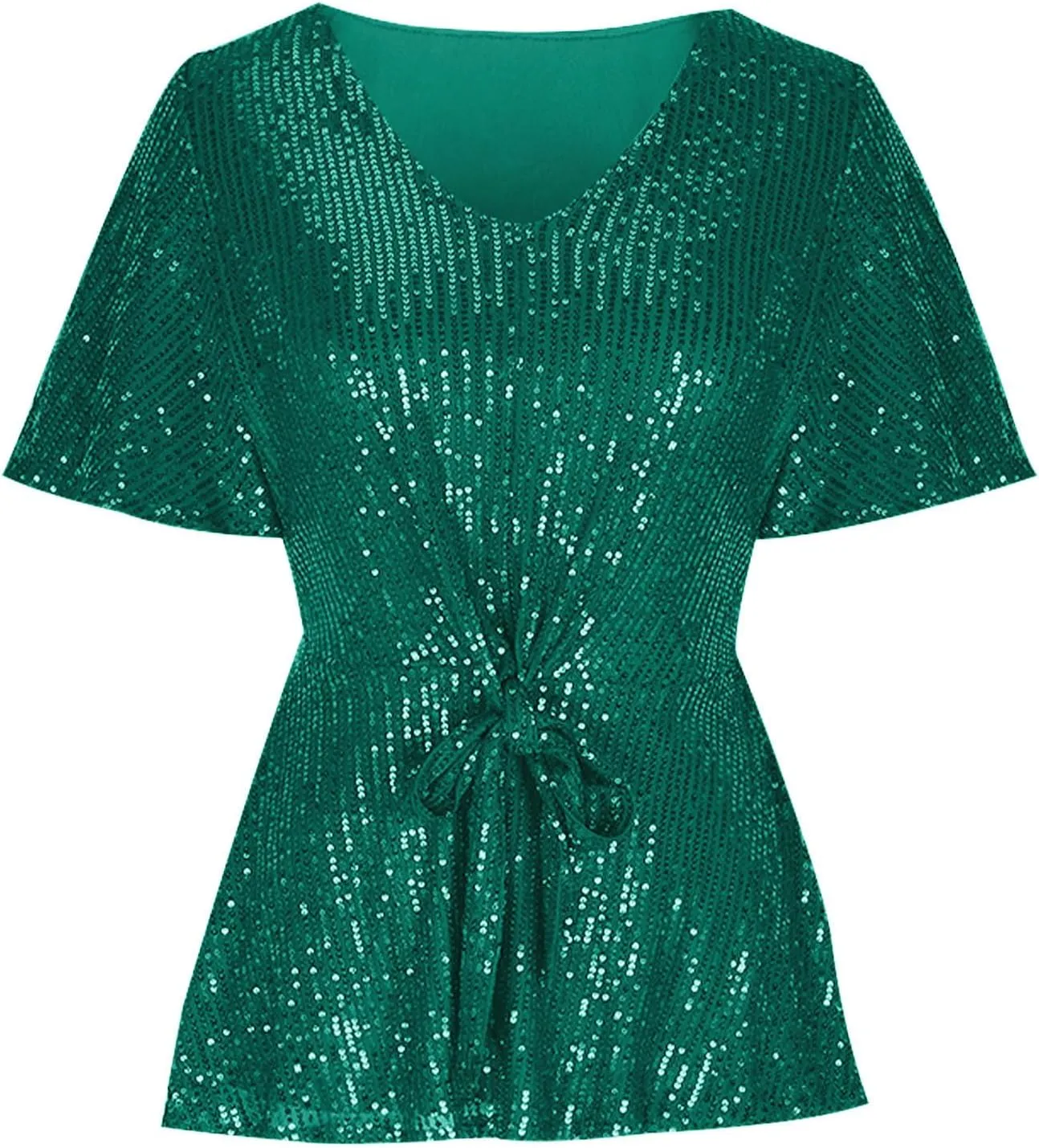 DASAYO Holiday Peplum Tops for Women Trendy Tie Front Tunics Elegant Blouse Dressy Casual Sequin V-Neck Short Sleeve Shirts