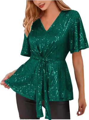 DASAYO Holiday Peplum Tops for Women Trendy Tie Front Tunics Elegant Blouse Dressy Casual Sequin V-Neck Short Sleeve Shirts