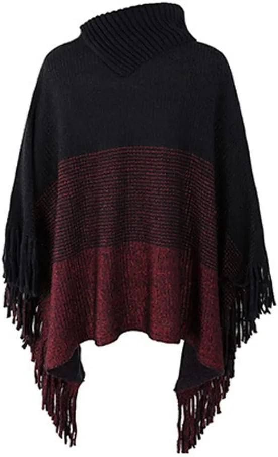 DNLKWGO Oversized Knitted Pullover Sweater Poncho Turtleneck Shawl Sweater with Fringe for Women Girls