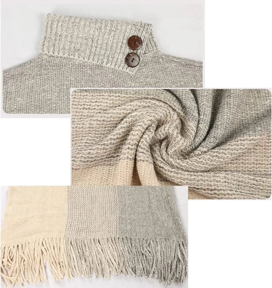 DNLKWGO Oversized Knitted Pullover Sweater Poncho Turtleneck Shawl Sweater with Fringe for Women Girls