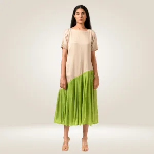 Ecru Green Gather Colour Block Dress | Made in Bemberg Modal Silk
