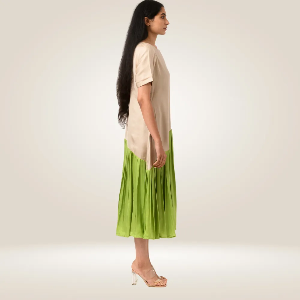 Ecru Green Gather Colour Block Dress | Made in Bemberg Modal Silk