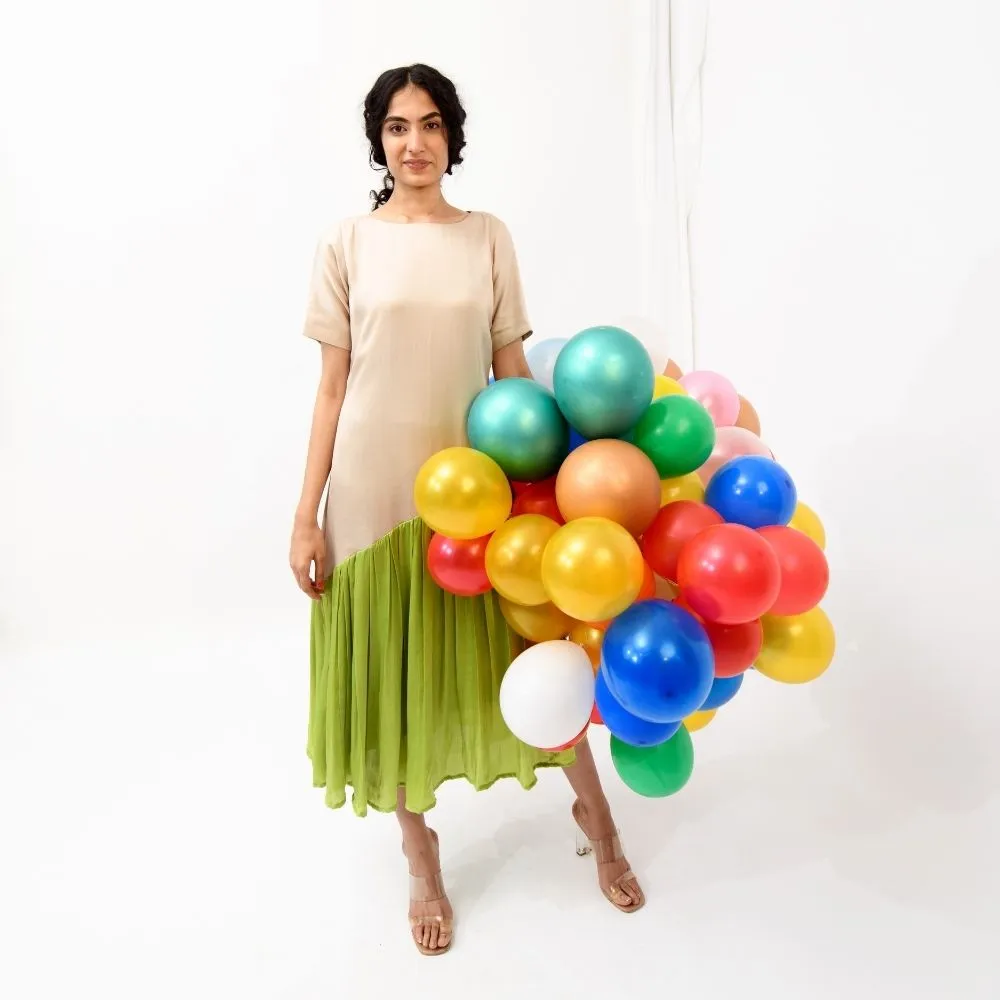 Ecru Green Gather Colour Block Dress | Made in Bemberg Modal Silk