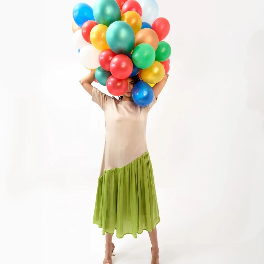 Ecru Green Gather Colour Block Dress | Made in Bemberg Modal Silk