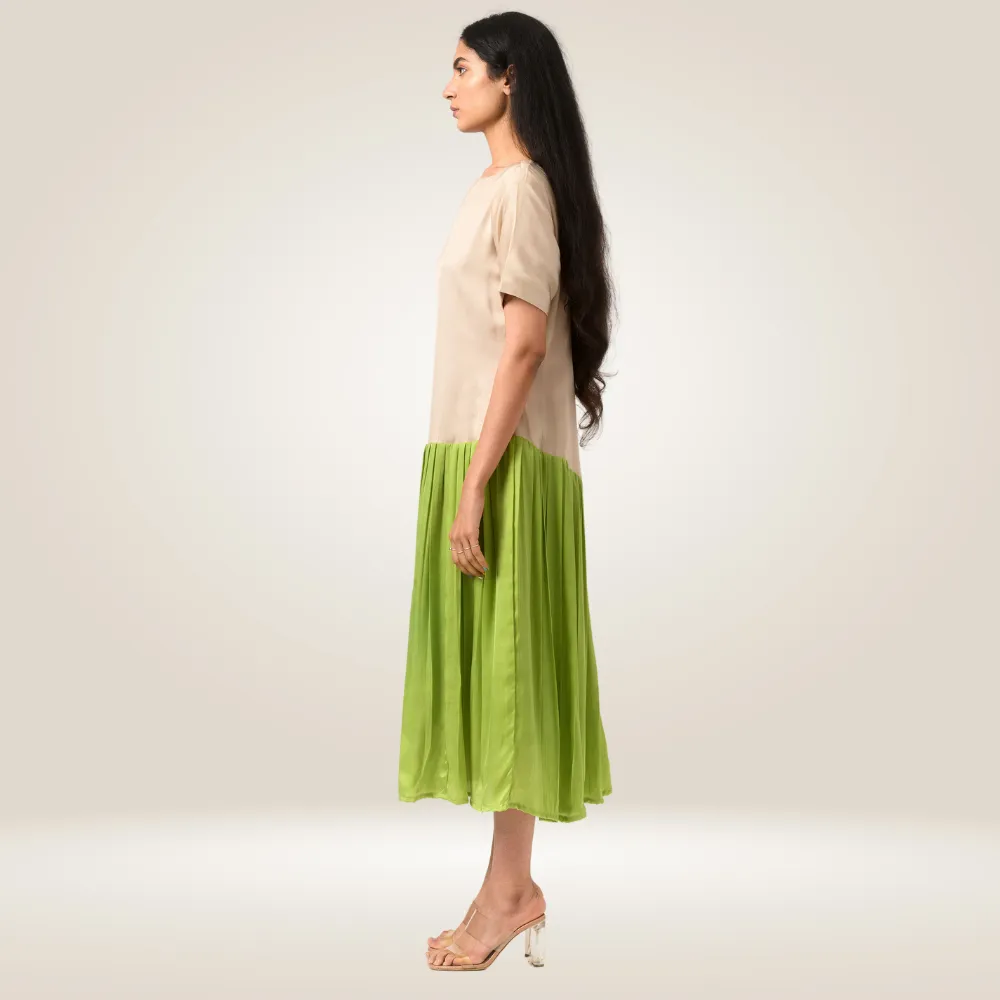 Ecru Green Gather Colour Block Dress | Made in Bemberg Modal Silk