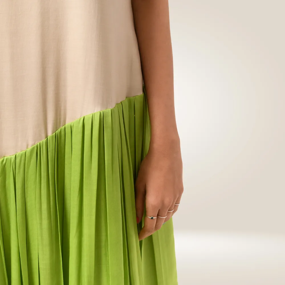 Ecru Green Gather Colour Block Dress | Made in Bemberg Modal Silk