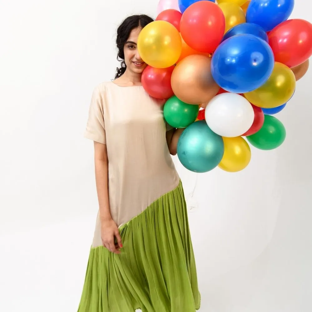 Ecru Green Gather Colour Block Dress | Made in Bemberg Modal Silk