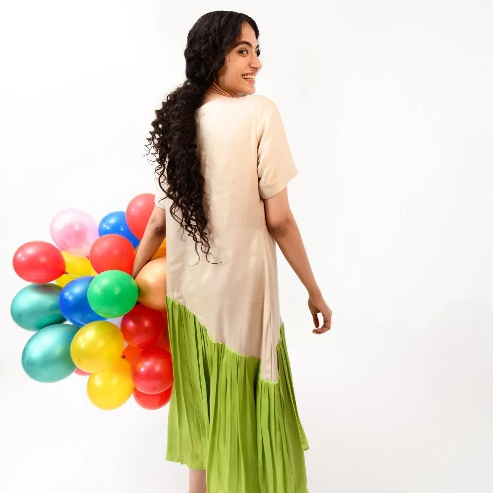 Ecru Green Gather Colour Block Dress | Made in Bemberg Modal Silk