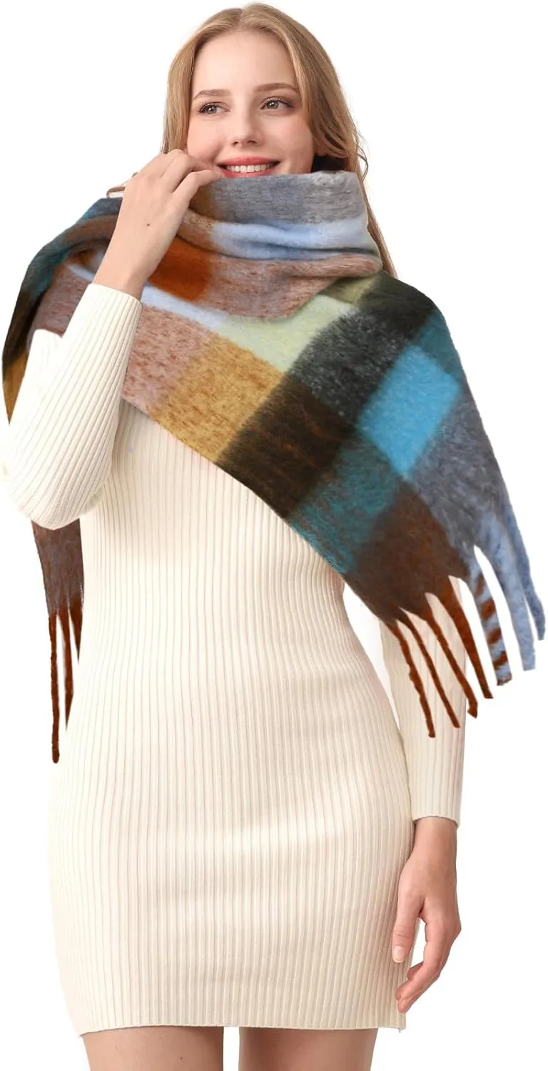 HOTIAN Women's Large Scarf Colorful Chunky Plaid Scarves Soft Winter Thick Tassel Warm Wrap Shawl