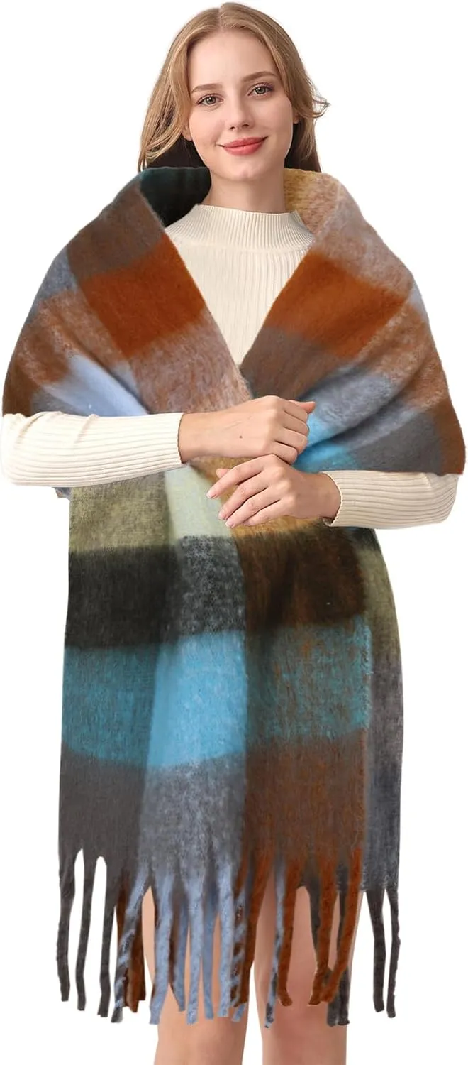 HOTIAN Women's Large Scarf Colorful Chunky Plaid Scarves Soft Winter Thick Tassel Warm Wrap Shawl