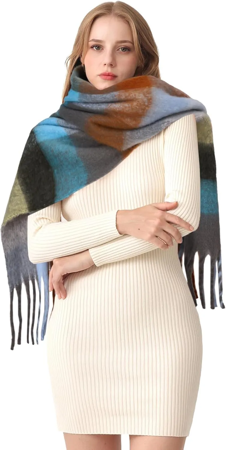HOTIAN Women's Large Scarf Colorful Chunky Plaid Scarves Soft Winter Thick Tassel Warm Wrap Shawl