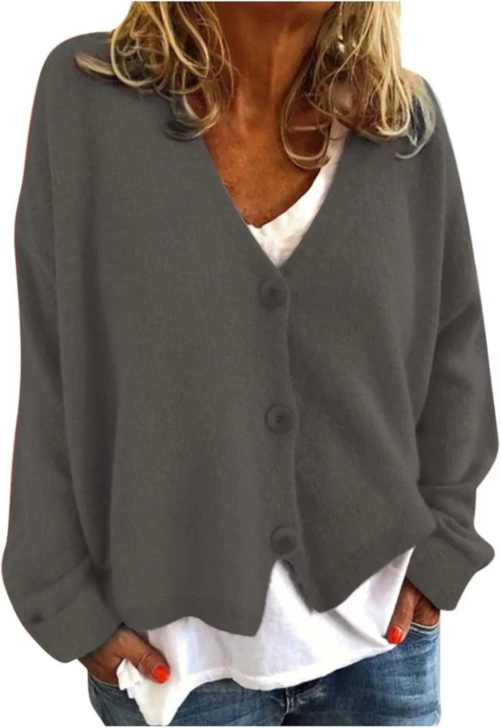 iLH 2024 Fall Open Front Cardigan for Women Loose Chunky Knitted Sweater V Neck Button Down Outwear Solid Casual Jacket