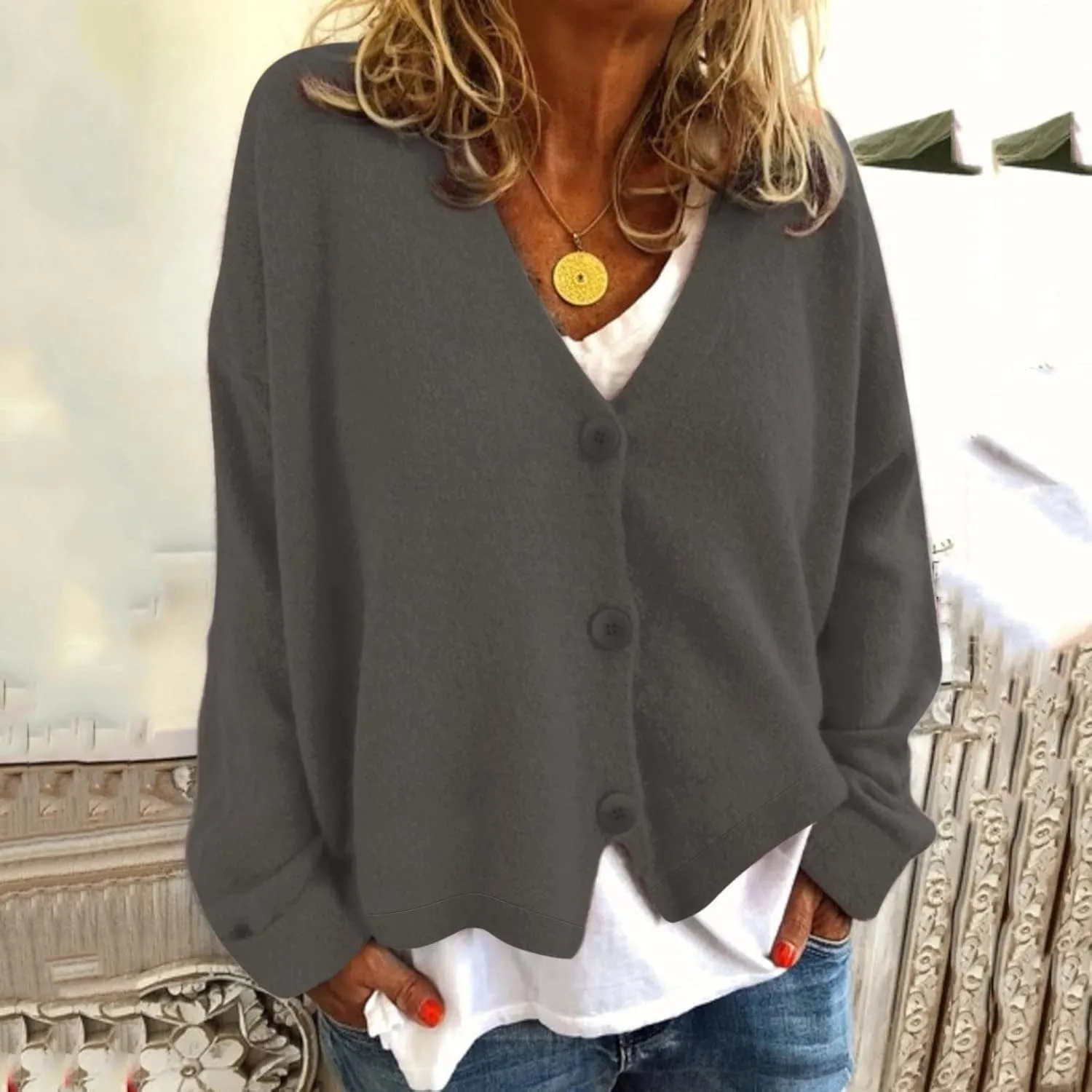 iLH 2024 Fall Open Front Cardigan for Women Loose Chunky Knitted Sweater V Neck Button Down Outwear Solid Casual Jacket