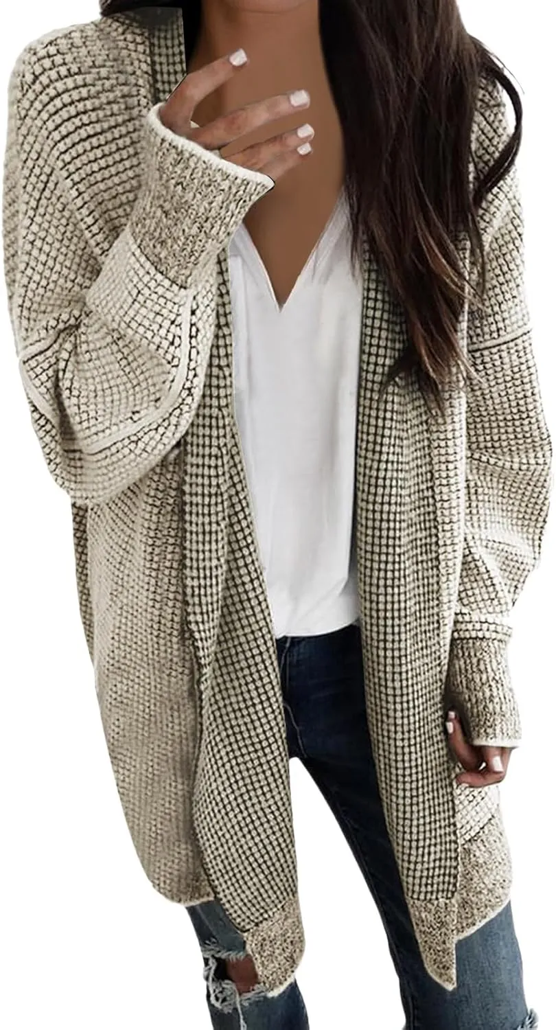 iLH Cardigan Sweater for Women Open Front Oversized Sleeve Cardigans Plaid Chunky Knit Coat Outwear Long Cardigans Coat