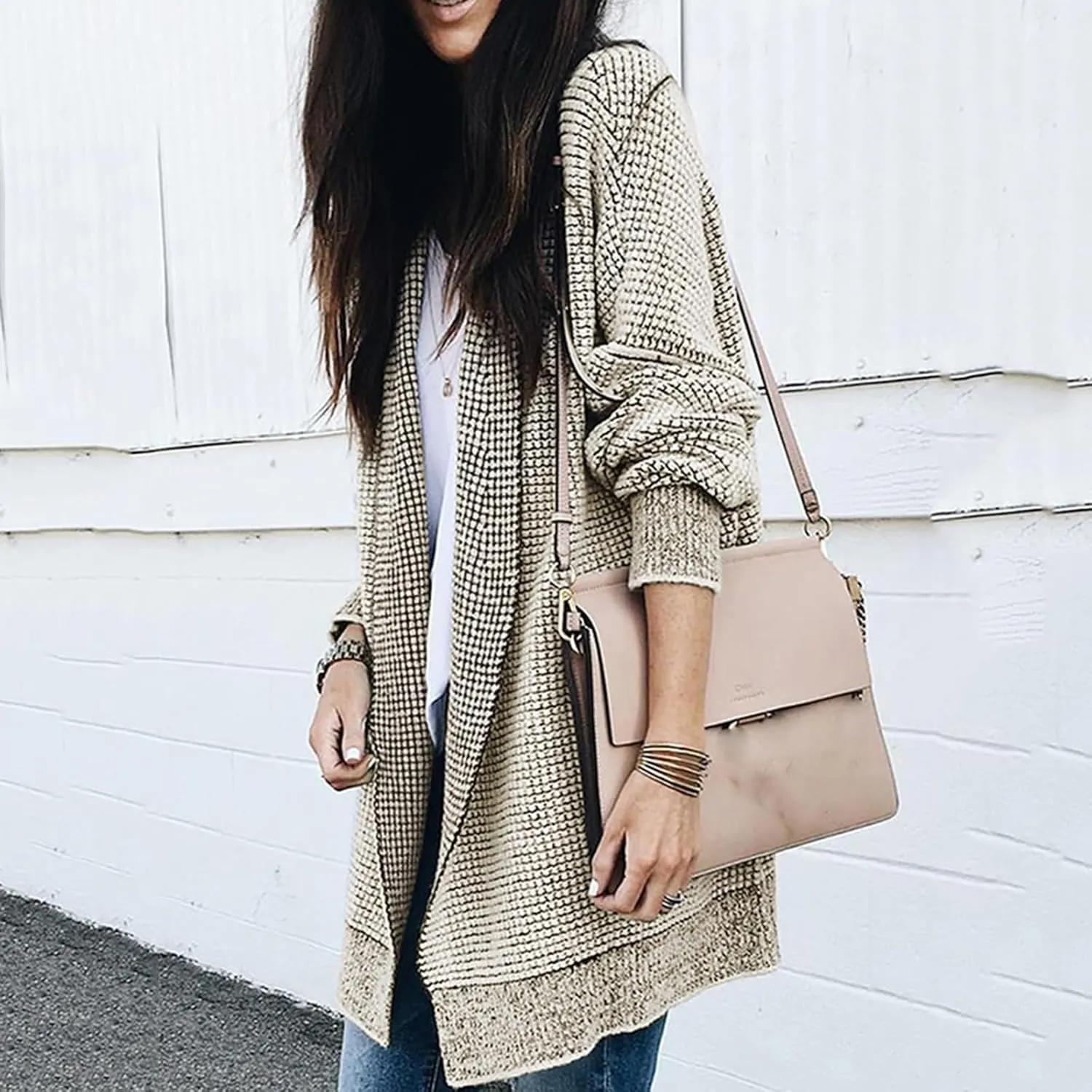 iLH Cardigan Sweater for Women Open Front Oversized Sleeve Cardigans Plaid Chunky Knit Coat Outwear Long Cardigans Coat