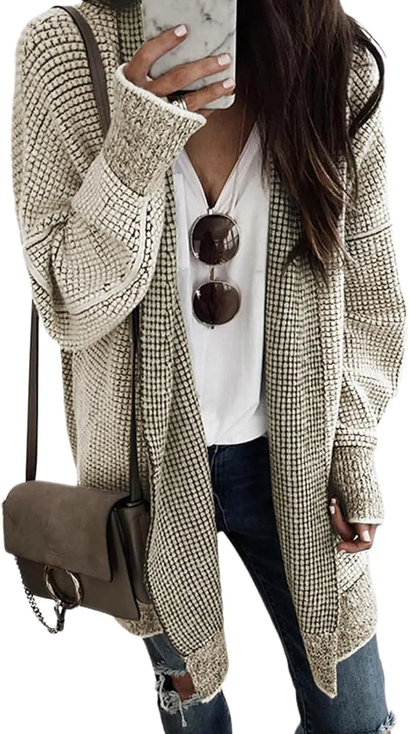 iLH Cardigan Sweater for Women Open Front Oversized Sleeve Cardigans Plaid Chunky Knit Coat Outwear Long Cardigans Coat