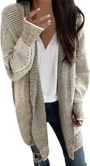 iLH Cardigan Sweater for Women Open Front Oversized Sleeve Cardigans Plaid Chunky Knit Coat Outwear Long Cardigans Coat