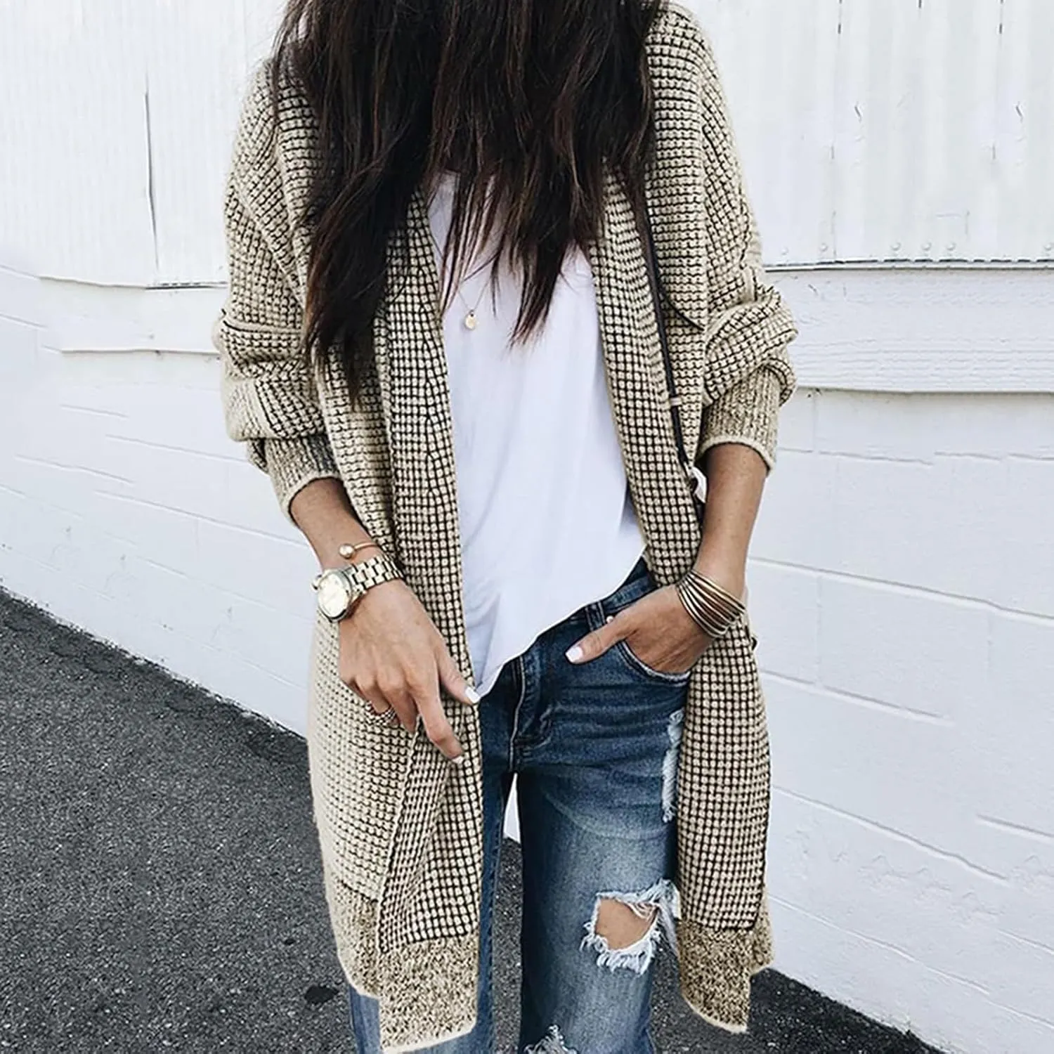 iLH Cardigan Sweater for Women Open Front Oversized Sleeve Cardigans Plaid Chunky Knit Coat Outwear Long Cardigans Coat