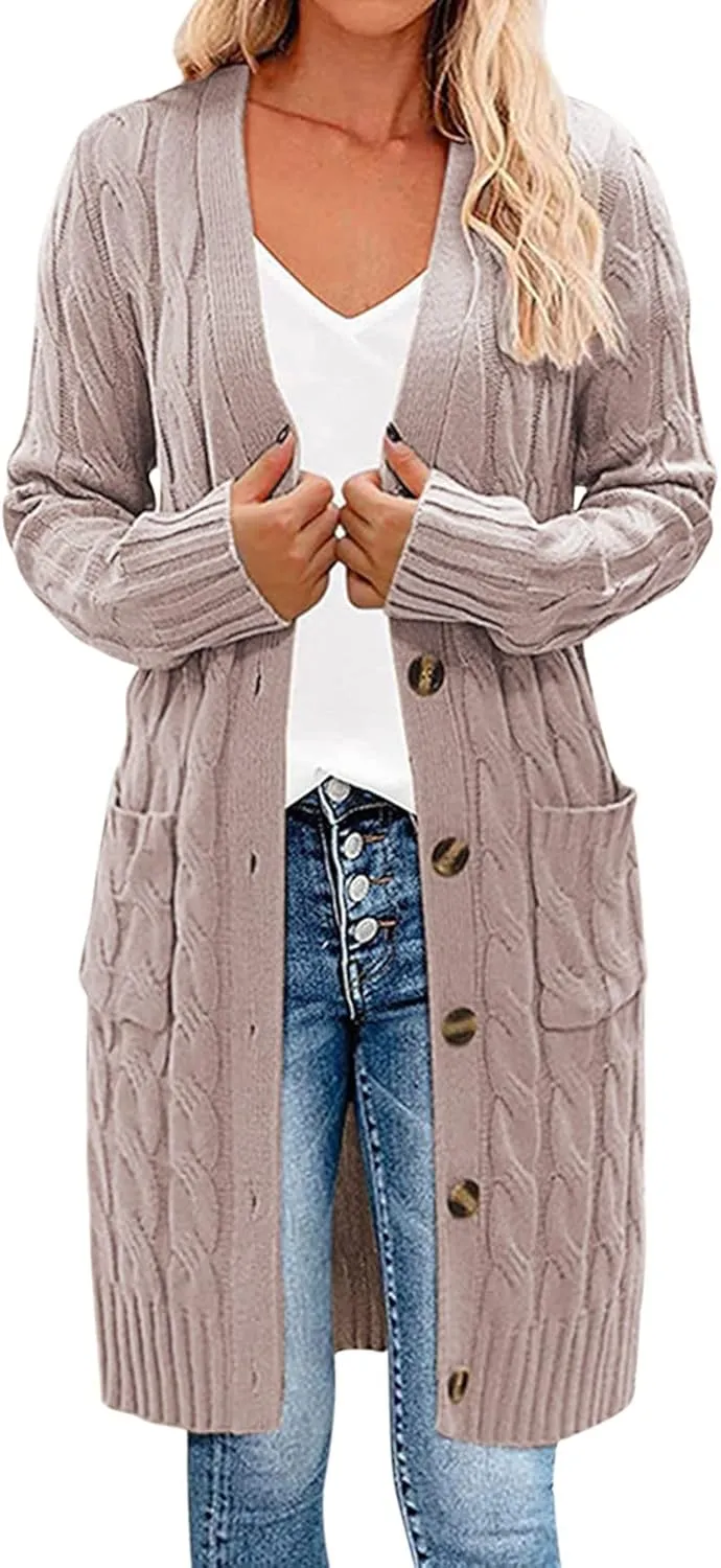 iLH Womens Autumn and Winter 2024 Cardigan New Long Fried Dough Cardigan Sweater Solid Button Pocket Cardigan Coat