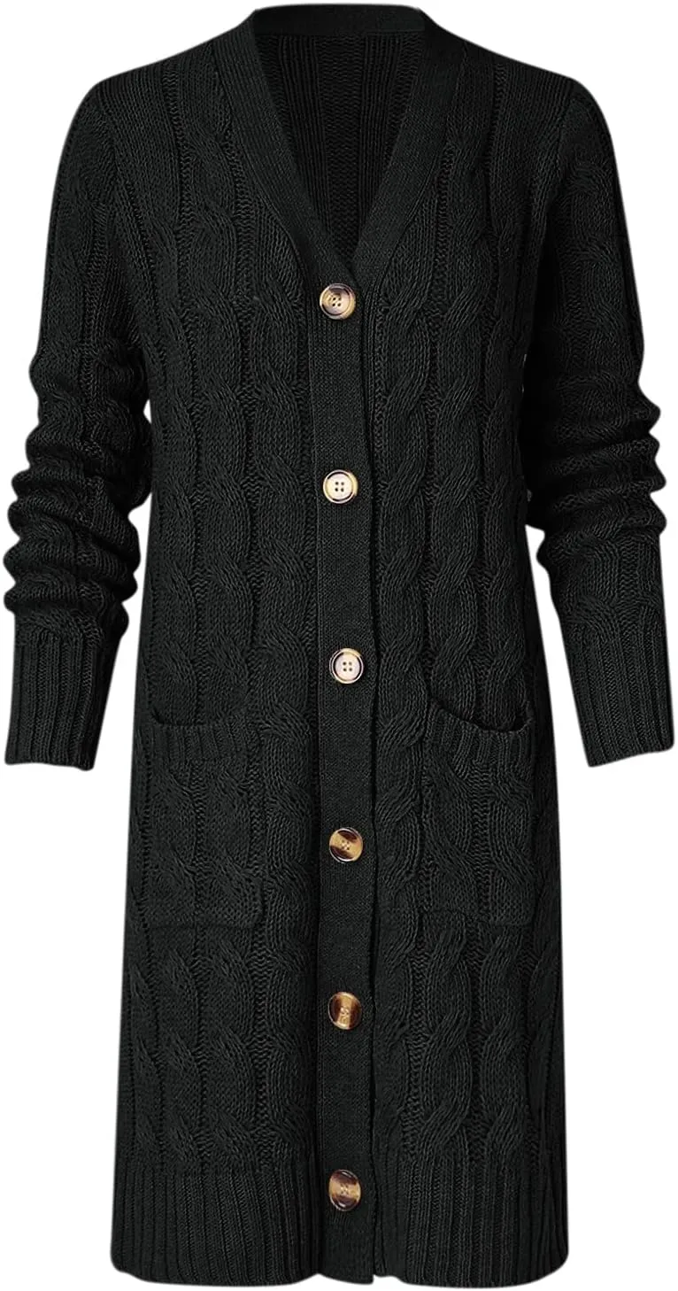 iLH Womens Autumn and Winter 2024 Cardigan New Long Fried Dough Cardigan Sweater Solid Button Pocket Cardigan Coat