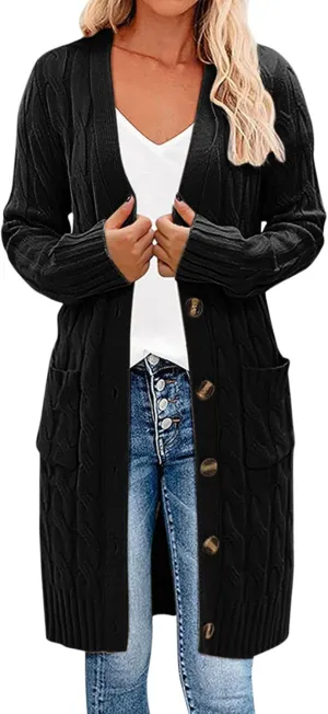 iLH Womens Autumn and Winter 2024 Cardigan New Long Fried Dough Cardigan Sweater Solid Button Pocket Cardigan Coat