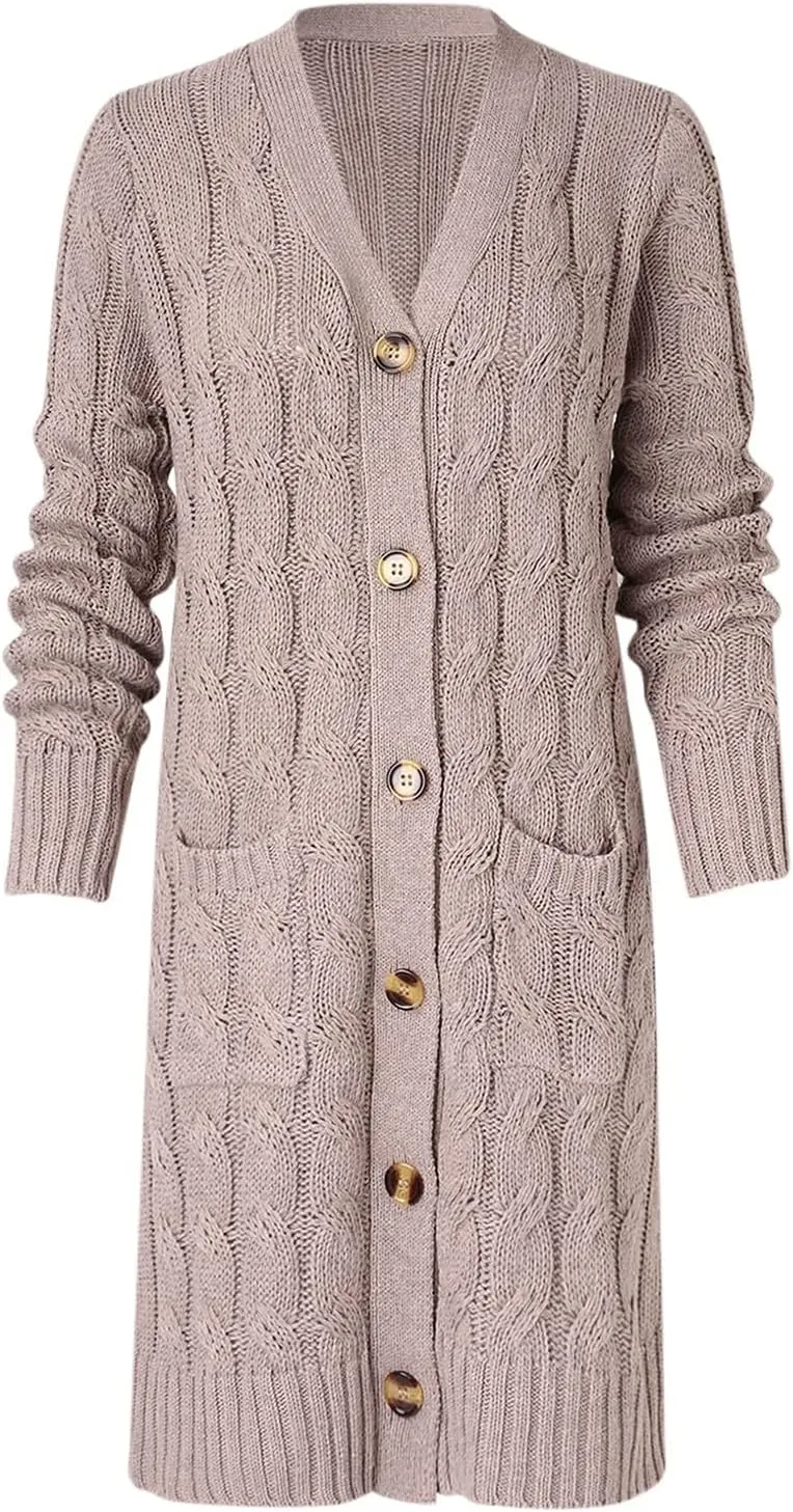 iLH Womens Autumn and Winter 2024 Cardigan New Long Fried Dough Cardigan Sweater Solid Button Pocket Cardigan Coat