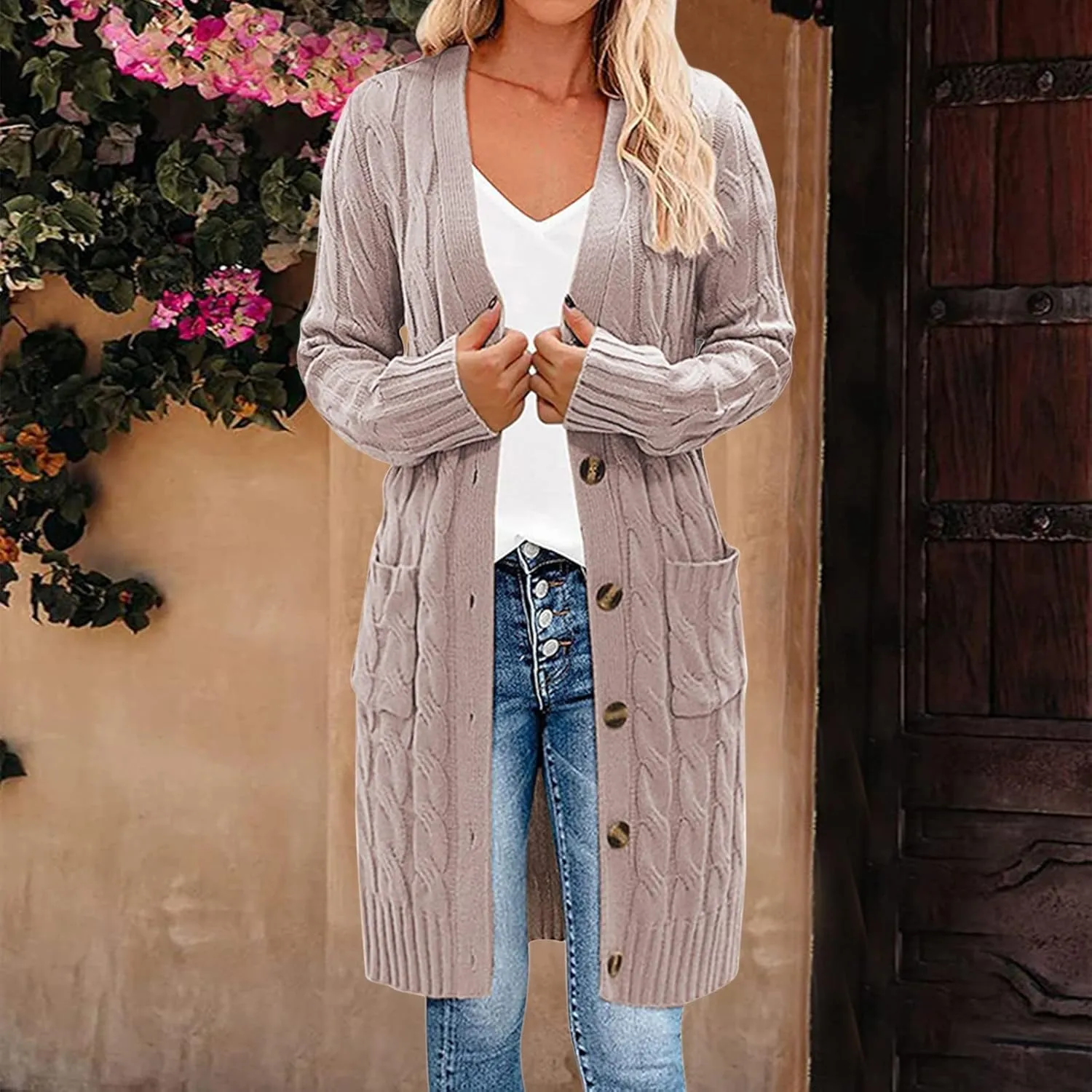 iLH Womens Autumn and Winter 2024 Cardigan New Long Fried Dough Cardigan Sweater Solid Button Pocket Cardigan Coat