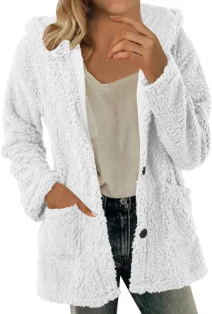 iLH Women's Plus Size Casual Cardigan Solid Color Plush Sweater Cardigan Buttons Hoodie Loose Blouse Warm Cardigan Coat