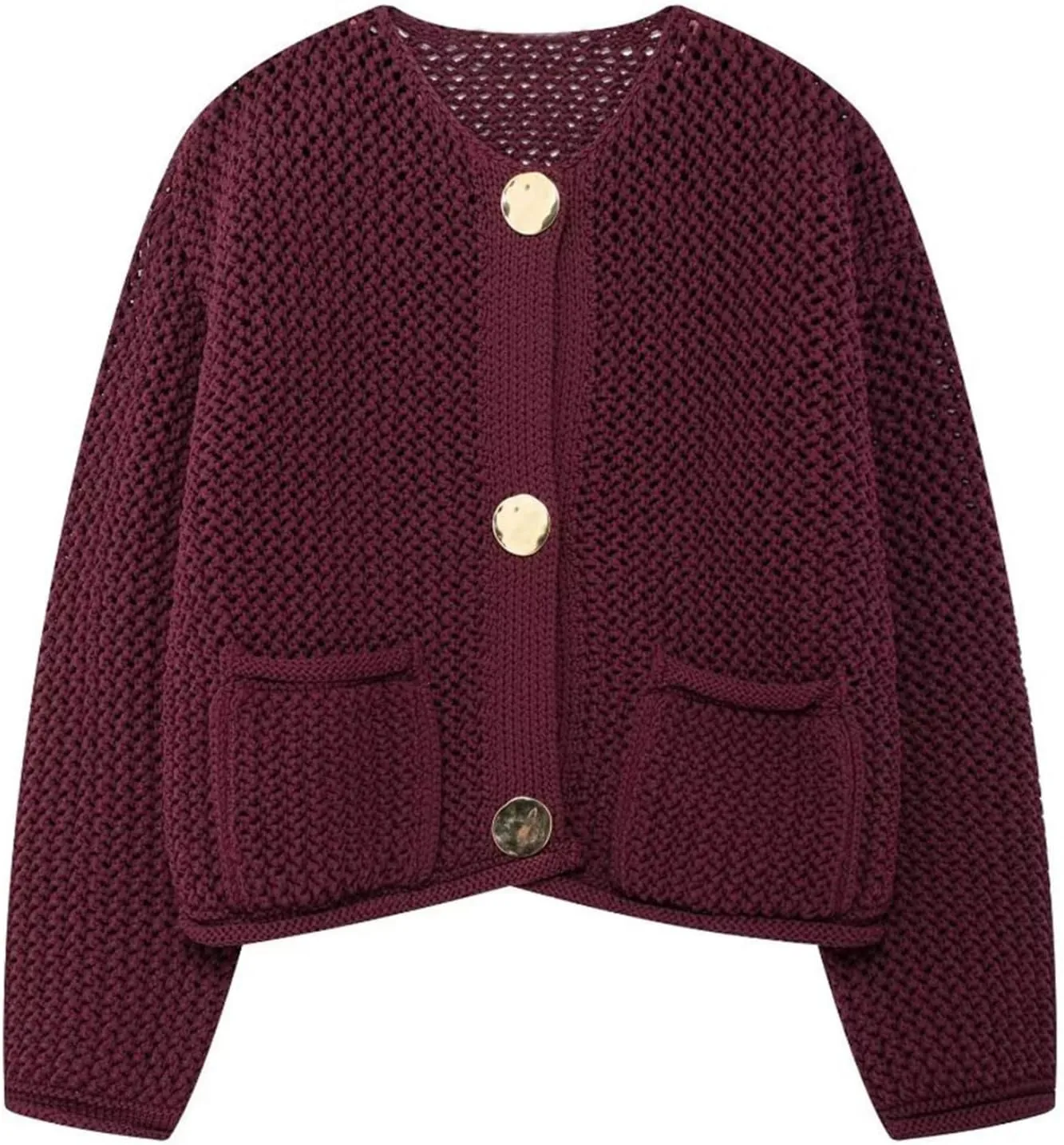 KEOMUD Women's Cropped Chunky Knit Cardigan Crochet Long Sleeve Button Down Open Front Sweater with Pockets Fall Outerwears