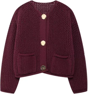 KEOMUD Women's Cropped Chunky Knit Cardigan Crochet Long Sleeve Button Down Open Front Sweater with Pockets Fall Outerwears