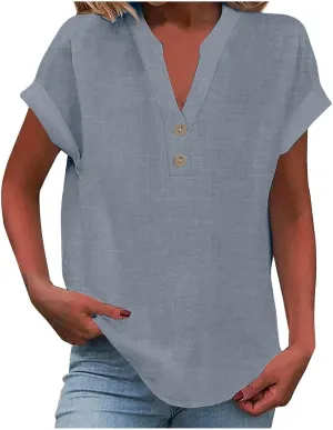Linen Tops for Women Oversized Crewneck Summer Short Sleeve Linen Tee Shirts Buttons Casual Comfy Tunics Top
