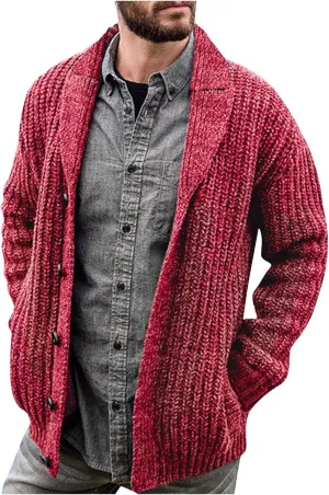 Mens Cardigan Sweater Stylish Casual Shawl Collar Cardigans Retro Cable Knitted Button Up Cardigan Sweaters