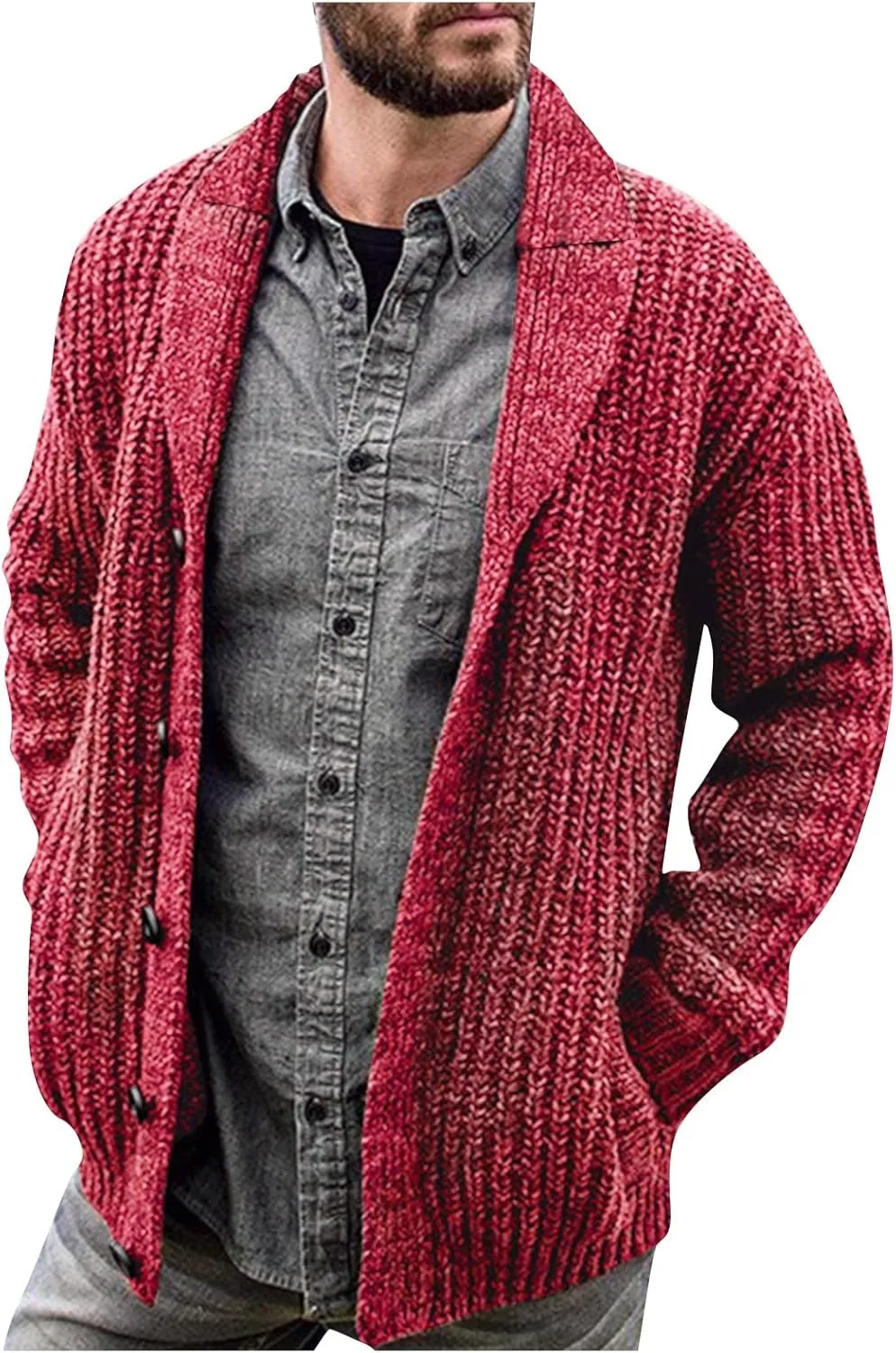 Mens Cardigan Sweater Stylish Casual Shawl Collar Cardigans Retro Cable Knitted Button Up Cardigan Sweaters