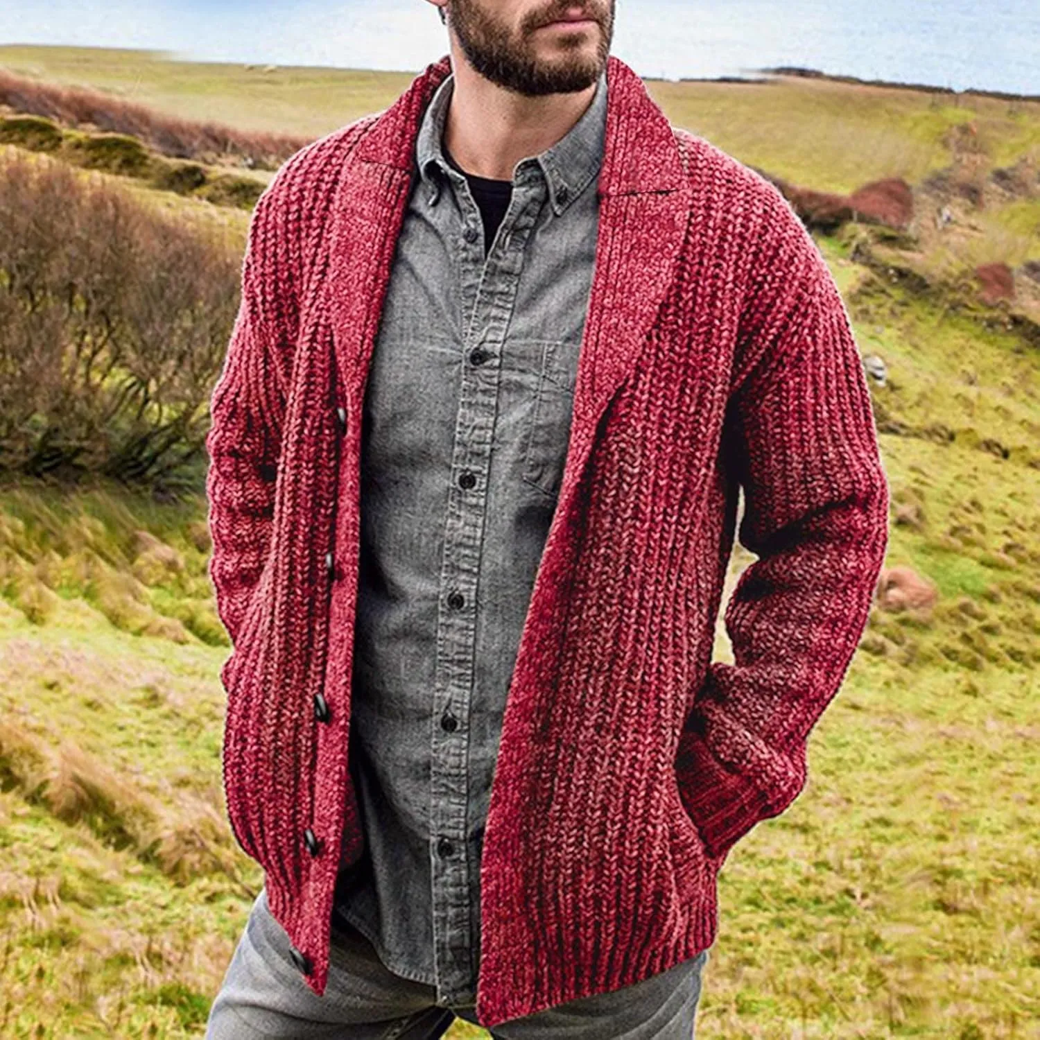 Mens Cardigan Sweater Stylish Casual Shawl Collar Cardigans Retro Cable Knitted Button Up Cardigan Sweaters
