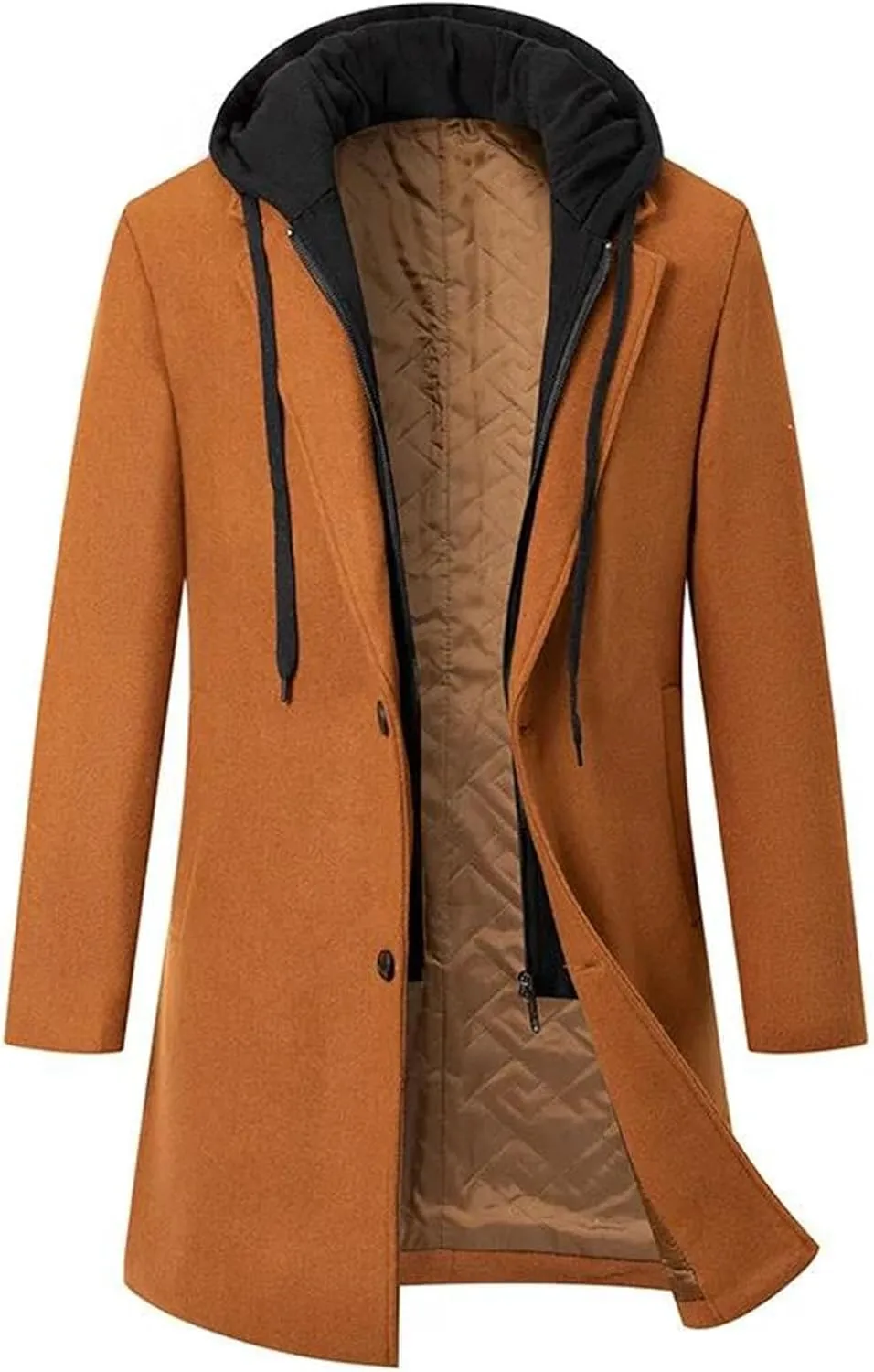 Men's Patchwork Hooded Blends Jacket Coat Long Slim Solid Business Cardigan Outwear