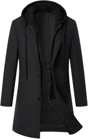 Men's Patchwork Hooded Blends Jacket Coat Long Slim Solid Business Cardigan Outwear