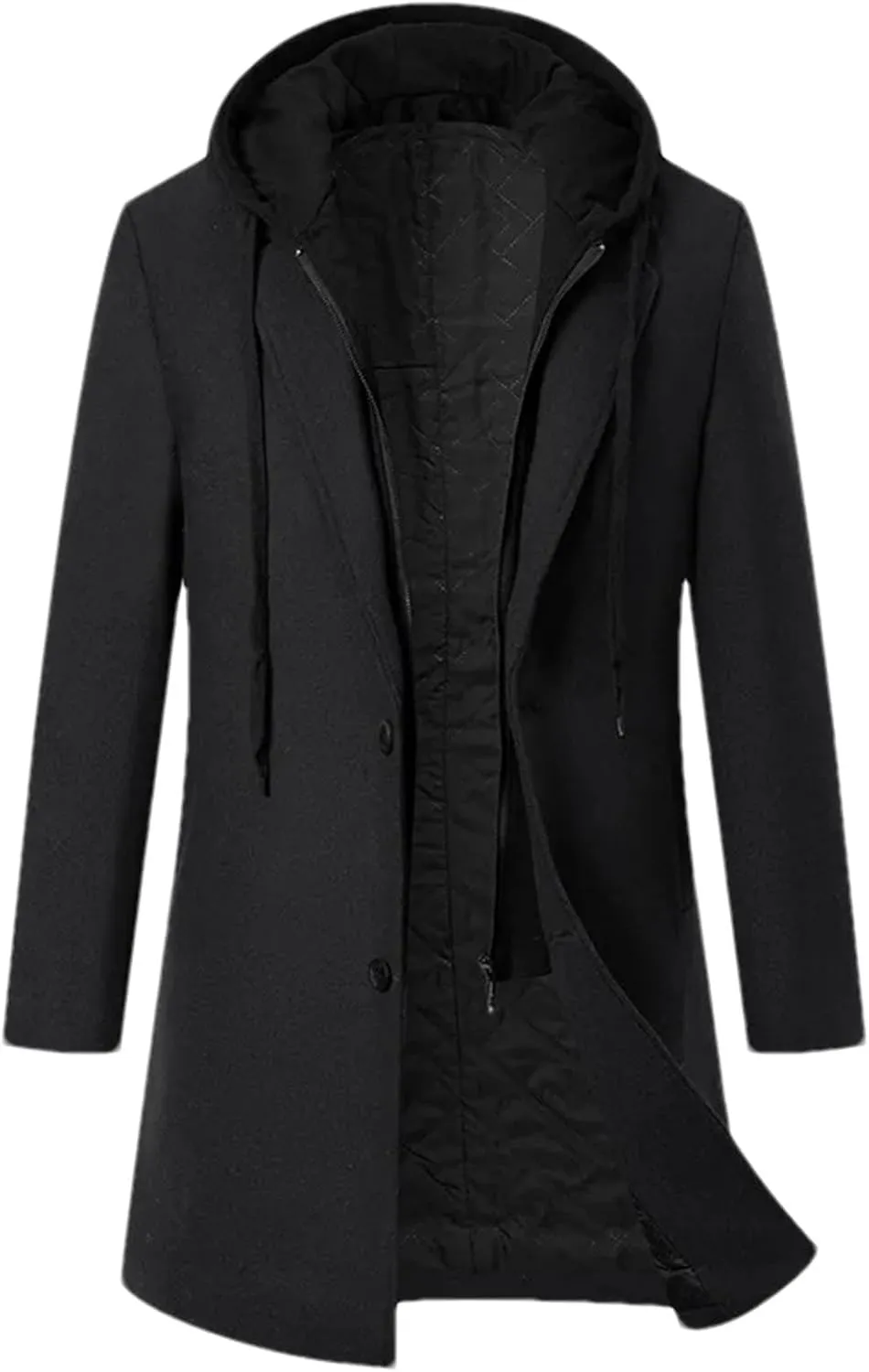 Men's Patchwork Hooded Blends Jacket Coat Long Slim Solid Business Cardigan Outwear