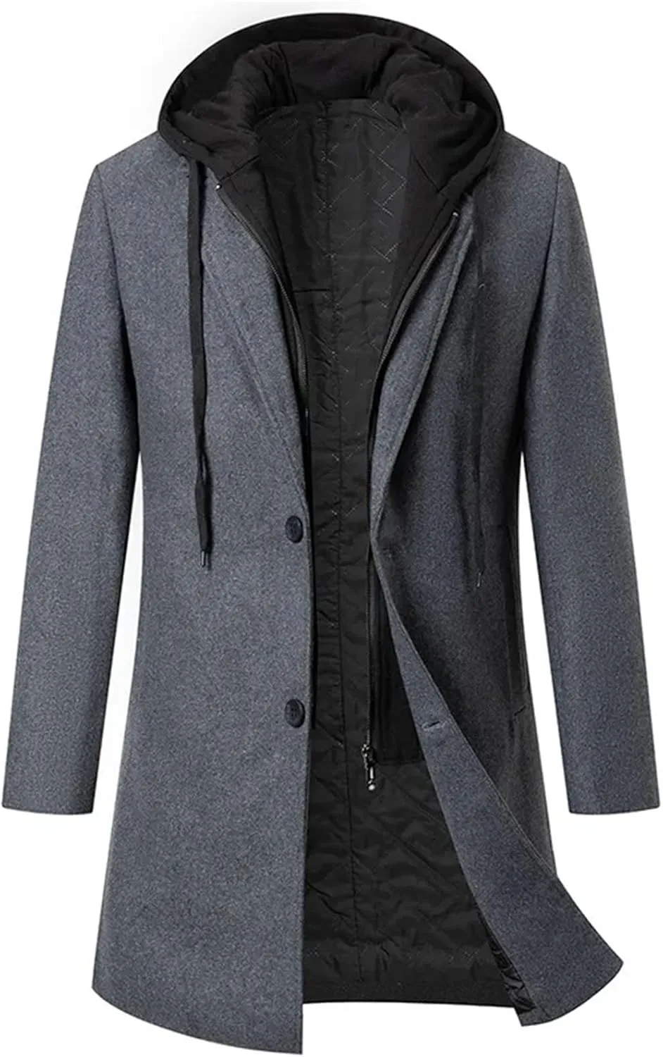 Men's Patchwork Hooded Blends Jacket Coat Long Slim Solid Business Cardigan Outwear