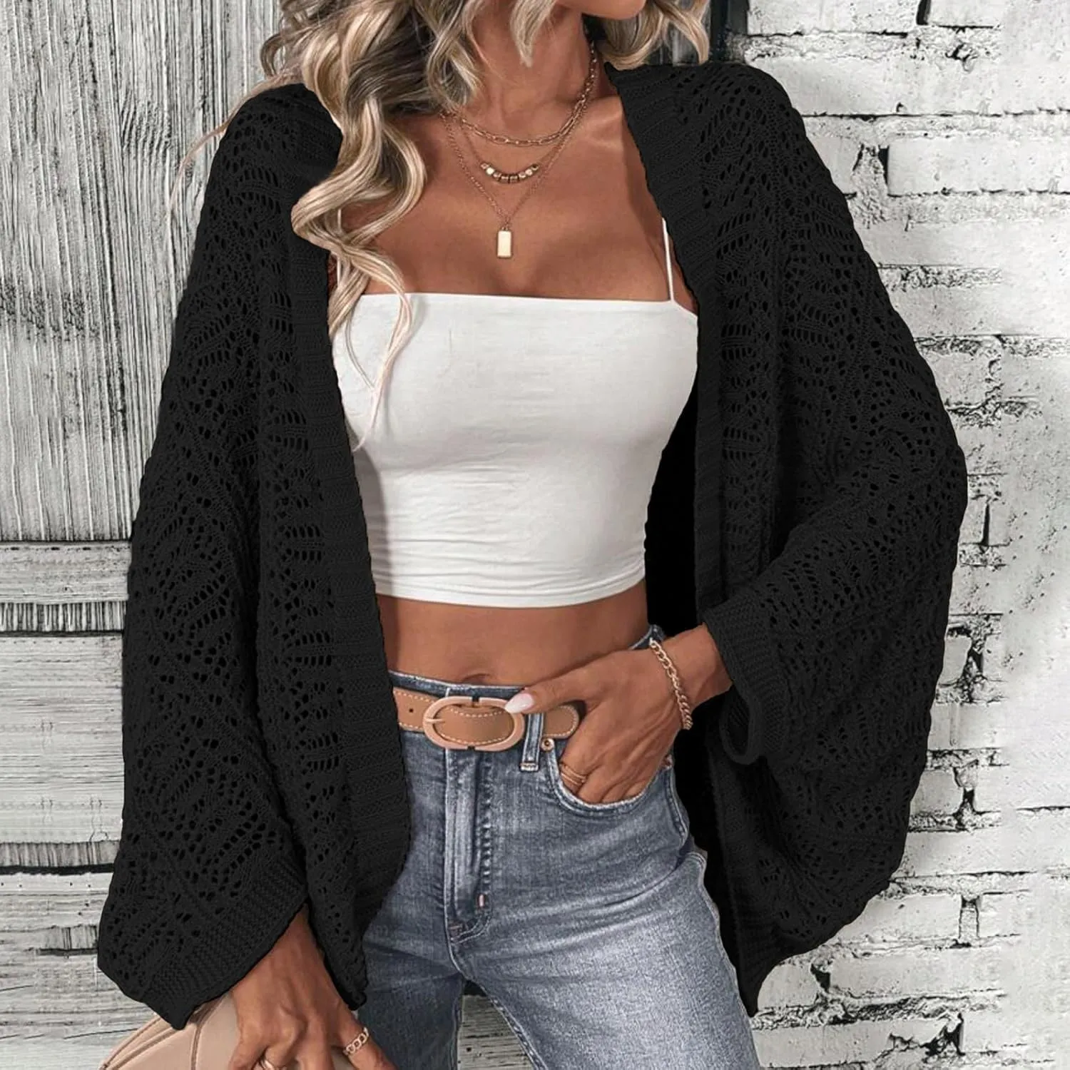 Oversized Cardigans for Women Casual Bat Sleeve Open Front Hollow Solid Color Sweaters 2024 Fall Loose Fit Outwear