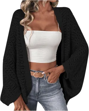 Oversized Cardigans for Women Casual Bat Sleeve Open Front Hollow Solid Color Sweaters 2024 Fall Loose Fit Outwear